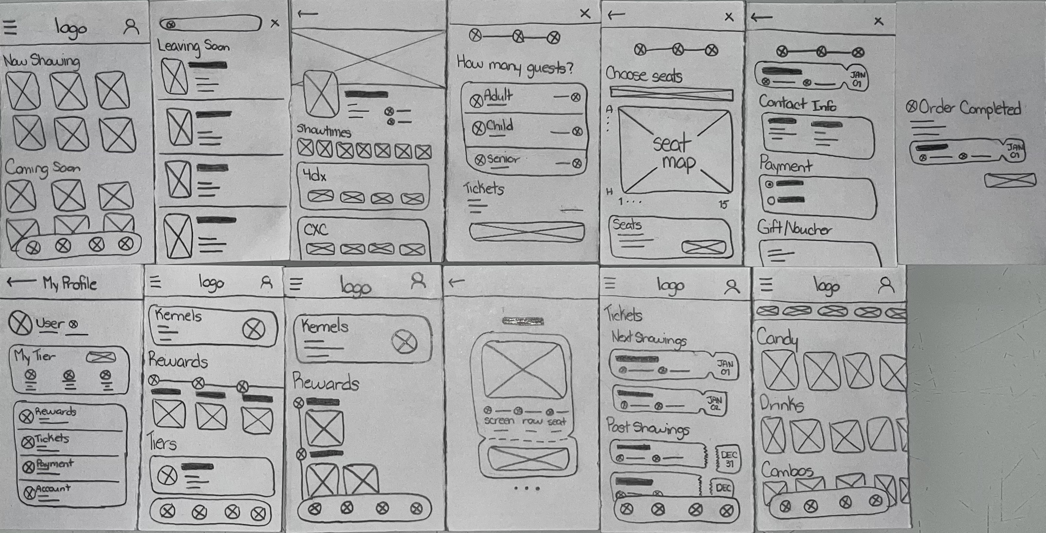 Early wireframes for the Caribbean Cinemas app